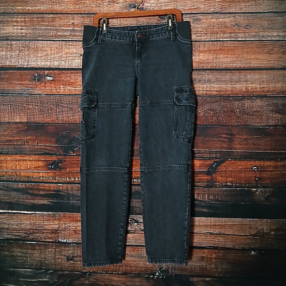 Isabel Maternity Jeans Size 2 90s Straight Cargo Black Denim Stretch Under Belly